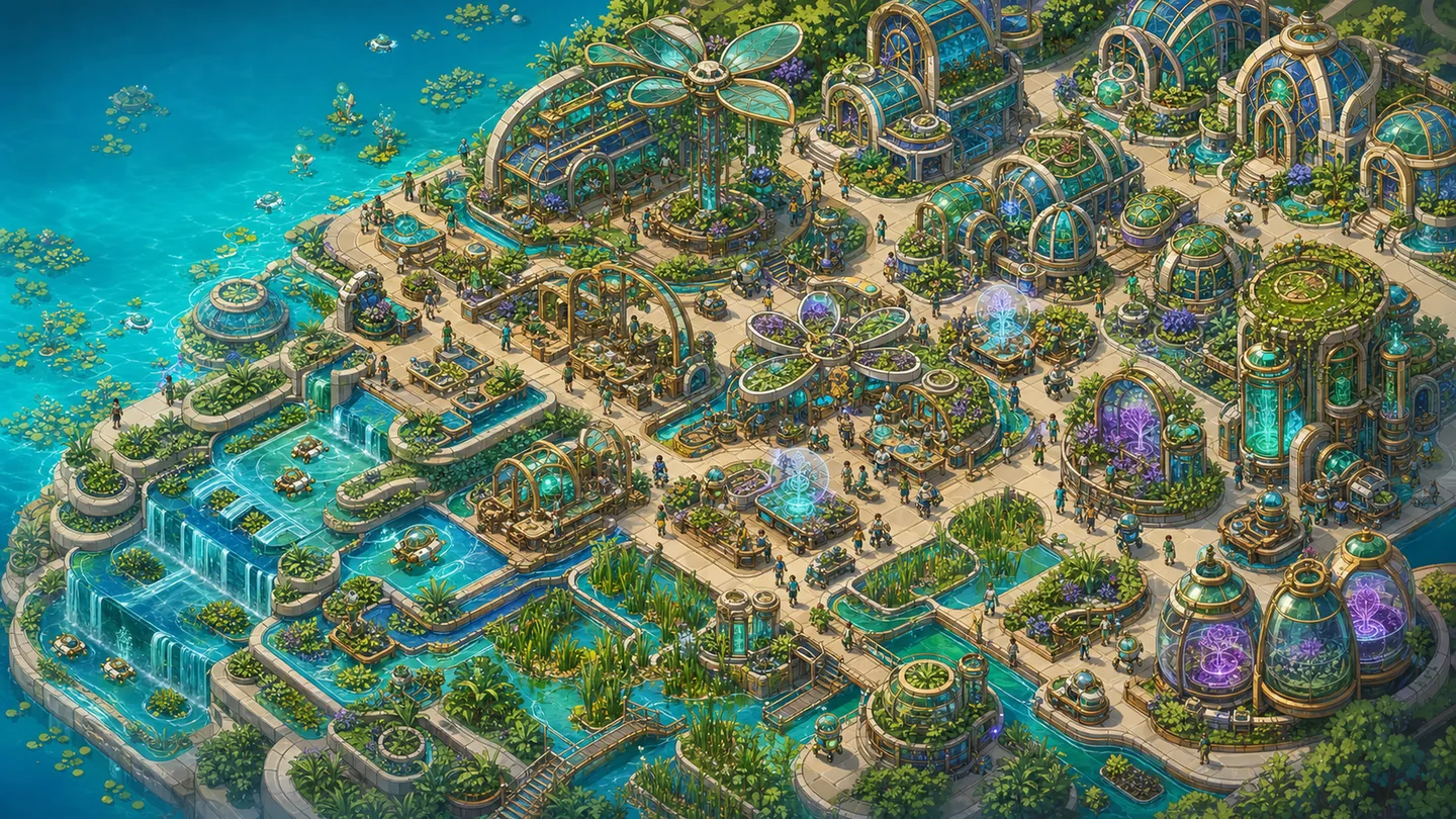 A living technology district with algae-glass labs, repair workshops, water terraces, seed archives, and ecological holograms